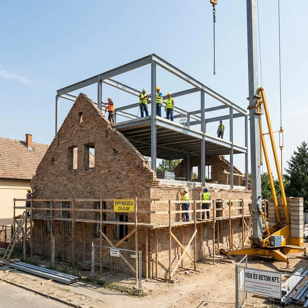 Acélvázas emeletráépítés meglévő téglaház tetején – acálváz szerelése az eredeti falak felett