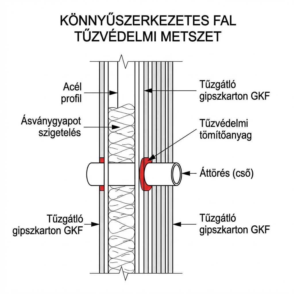 Acélvázas fal passzív tűzvédelmi rétegrendje – gipszkarton burkolat, kőzetgyapot és intumeszkáló tömítés
