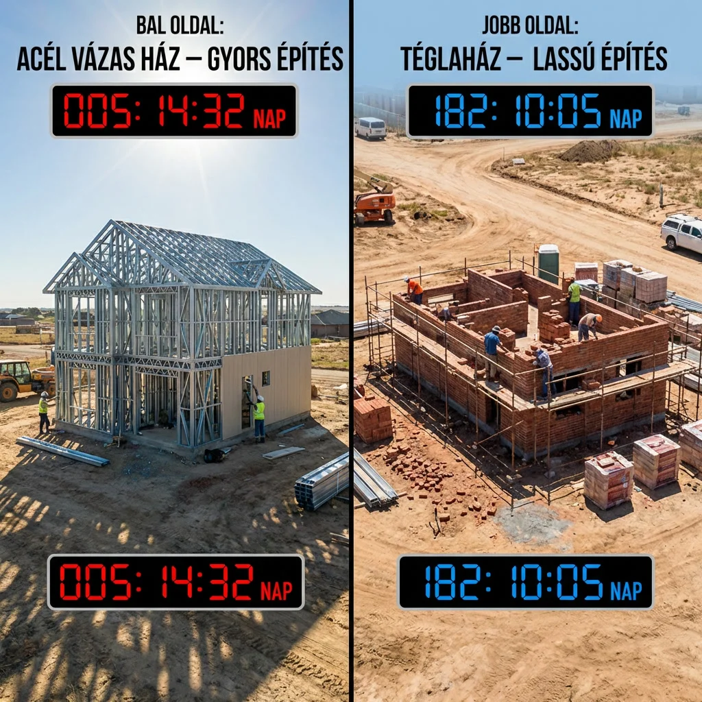 Acélvázas ház vs. téglaház építési sebesség összehasonlítása – a könnyűszerkezetes technológia gyorsabb kivitelezési ideje