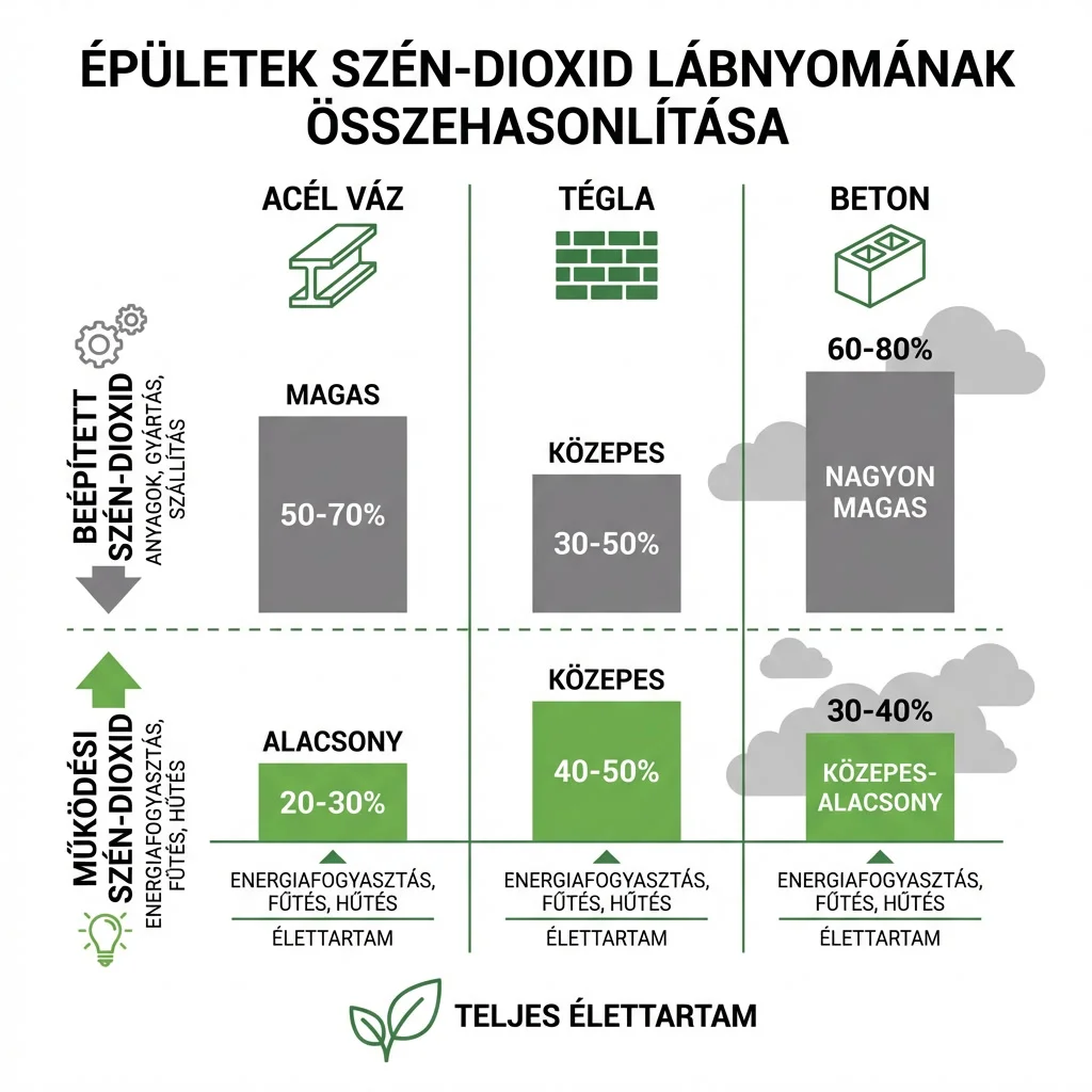 CO2-lábnyom összehasonlítás acélszerkezetes, tégla és vasbeton épületek között – beépített és üzemeltetési szén