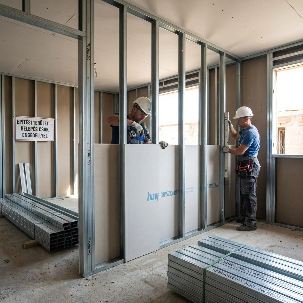 Belső gipszkarton válaszfal építése acélvázas házban – CW acélprofil keretrendszer és gipszkarton lapok