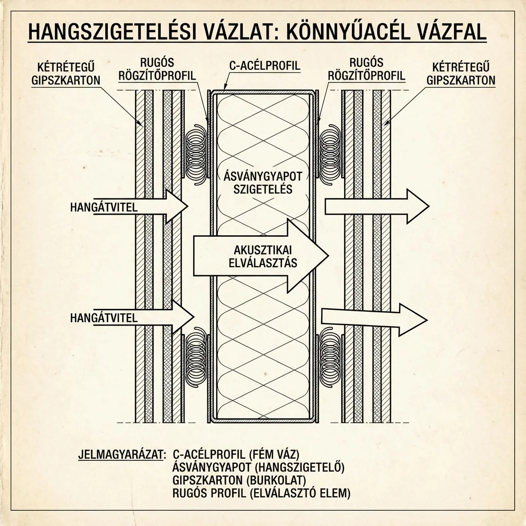 Hang terjedése acélvázas falszerkezetben – kőzetgyapot és dupla gipszkarton hangcsillapítás