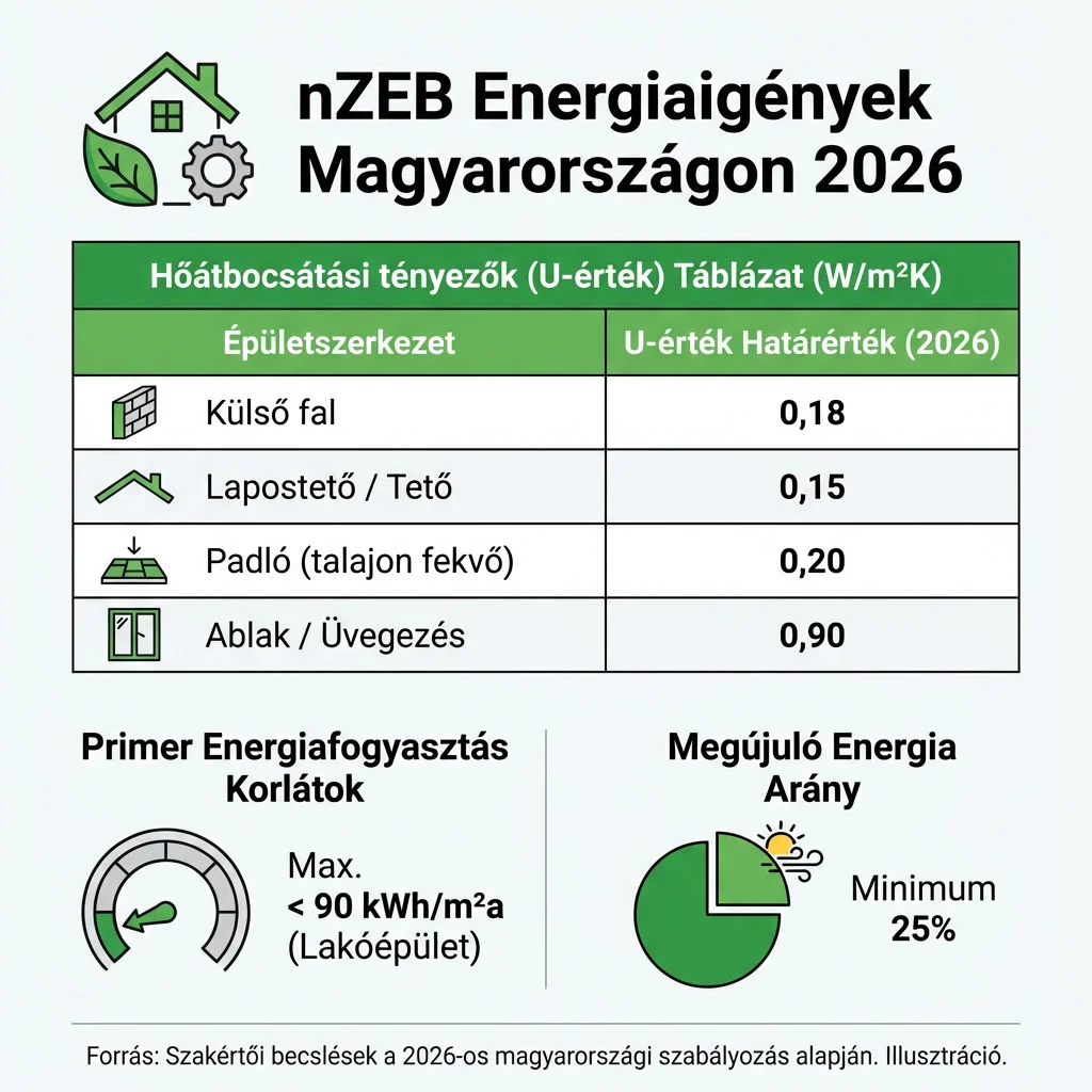 nZEB energetikai követelmények 2026-ban Magyarországon – U-értékek, primer energiafogyasztás és megújuló arány táblázat