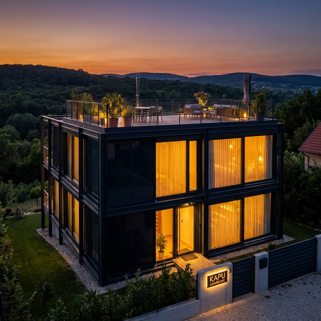 150 m² emeletes fémvázas ház tetőterasszal