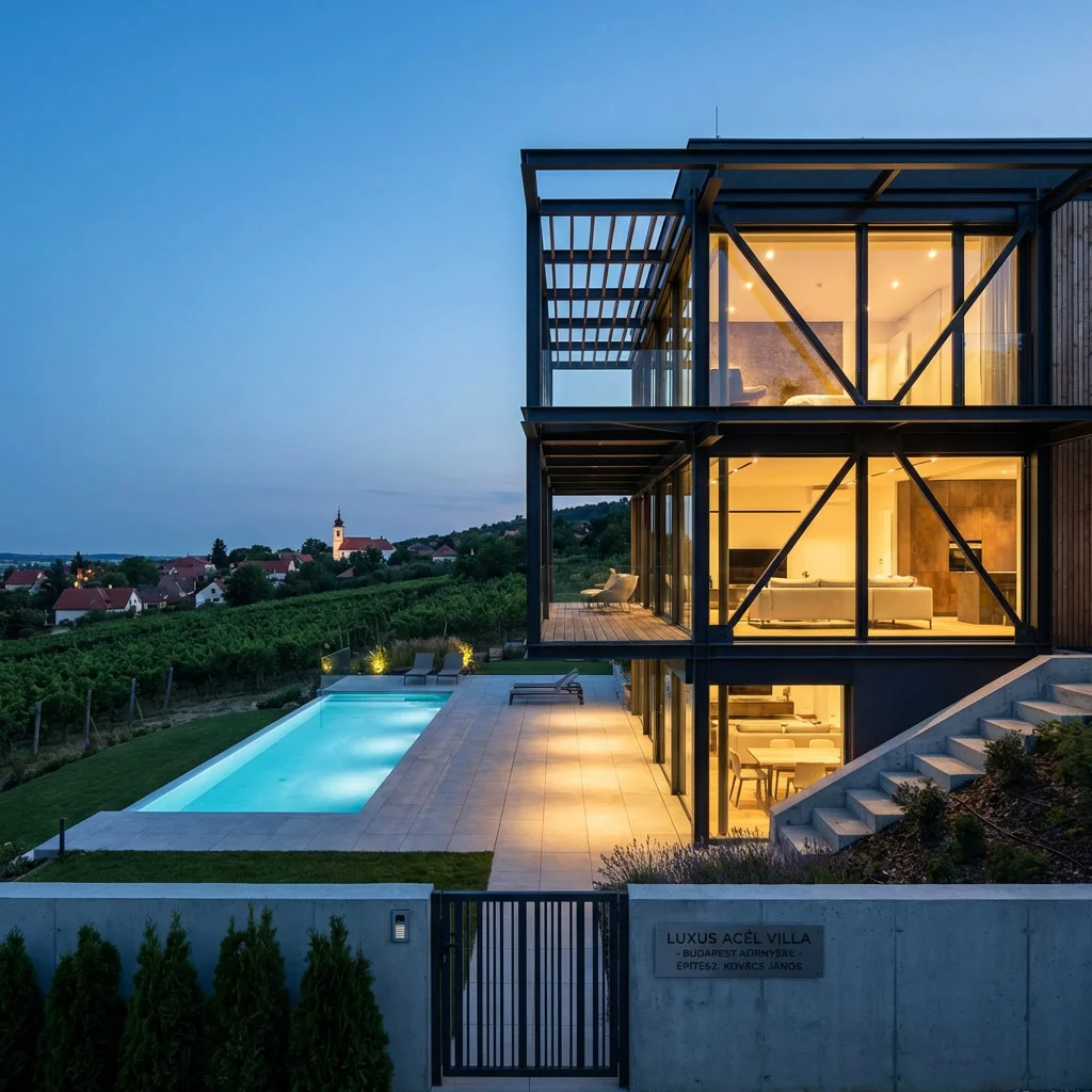 180 m² luxus acélvázas ház medencével